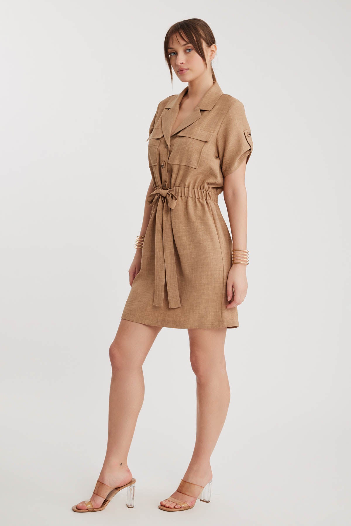 SHORT SLEEVE DRESS WITH COVER POCKET & WAIST TIE