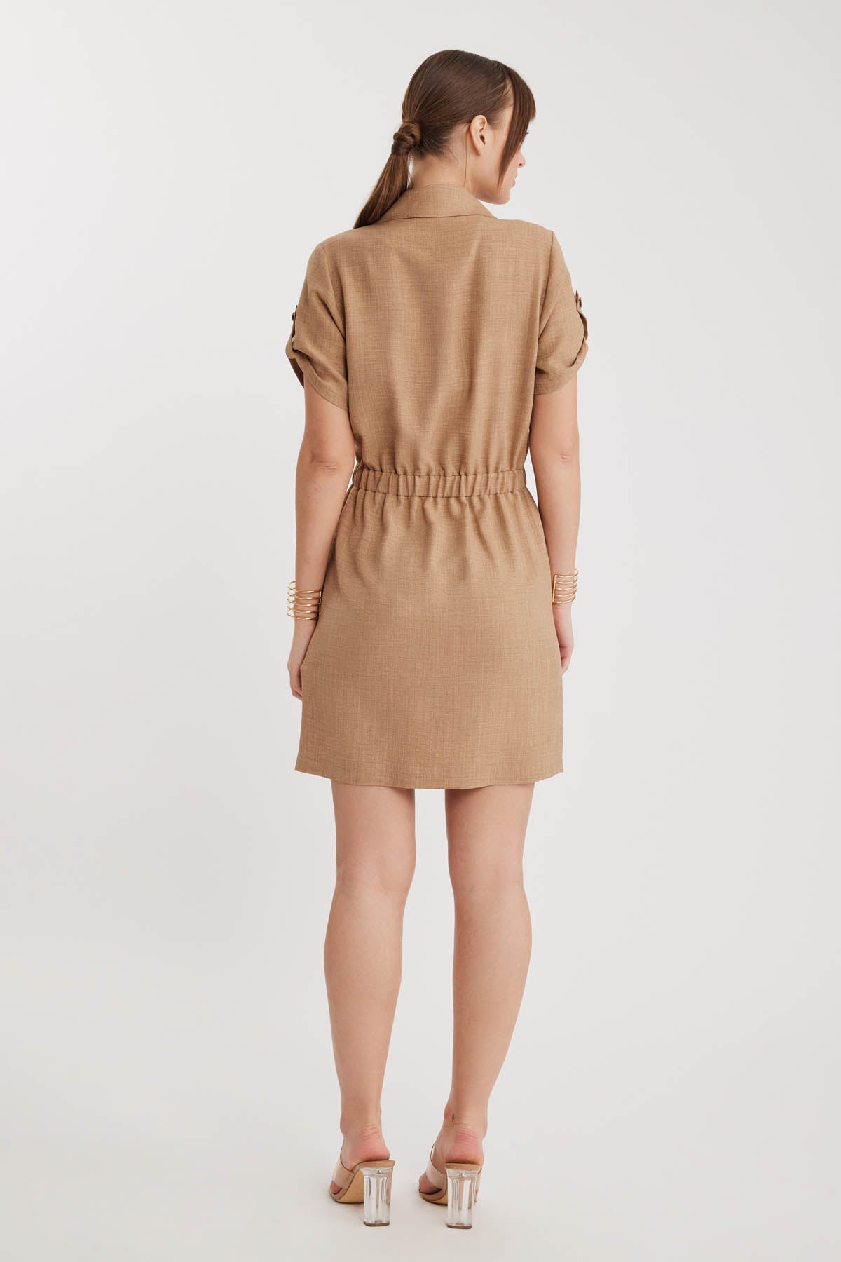 SHORT SLEEVE DRESS WITH COVER POCKET & WAIST TIE