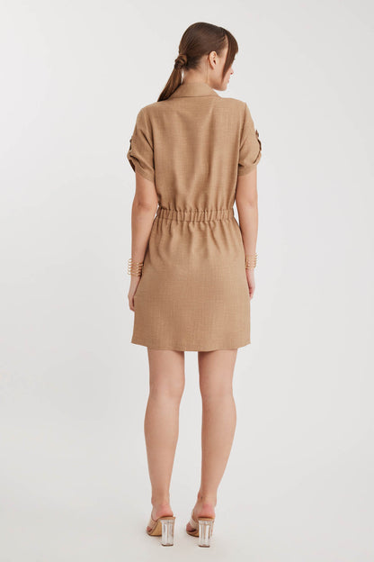 SHORT SLEEVE DRESS WITH COVER POCKET & WAIST TIE