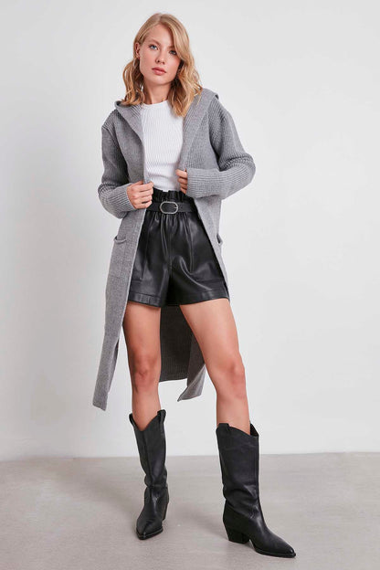 HOODED SIDES TALL KNITTED CARDIGAN WITH SPLIT