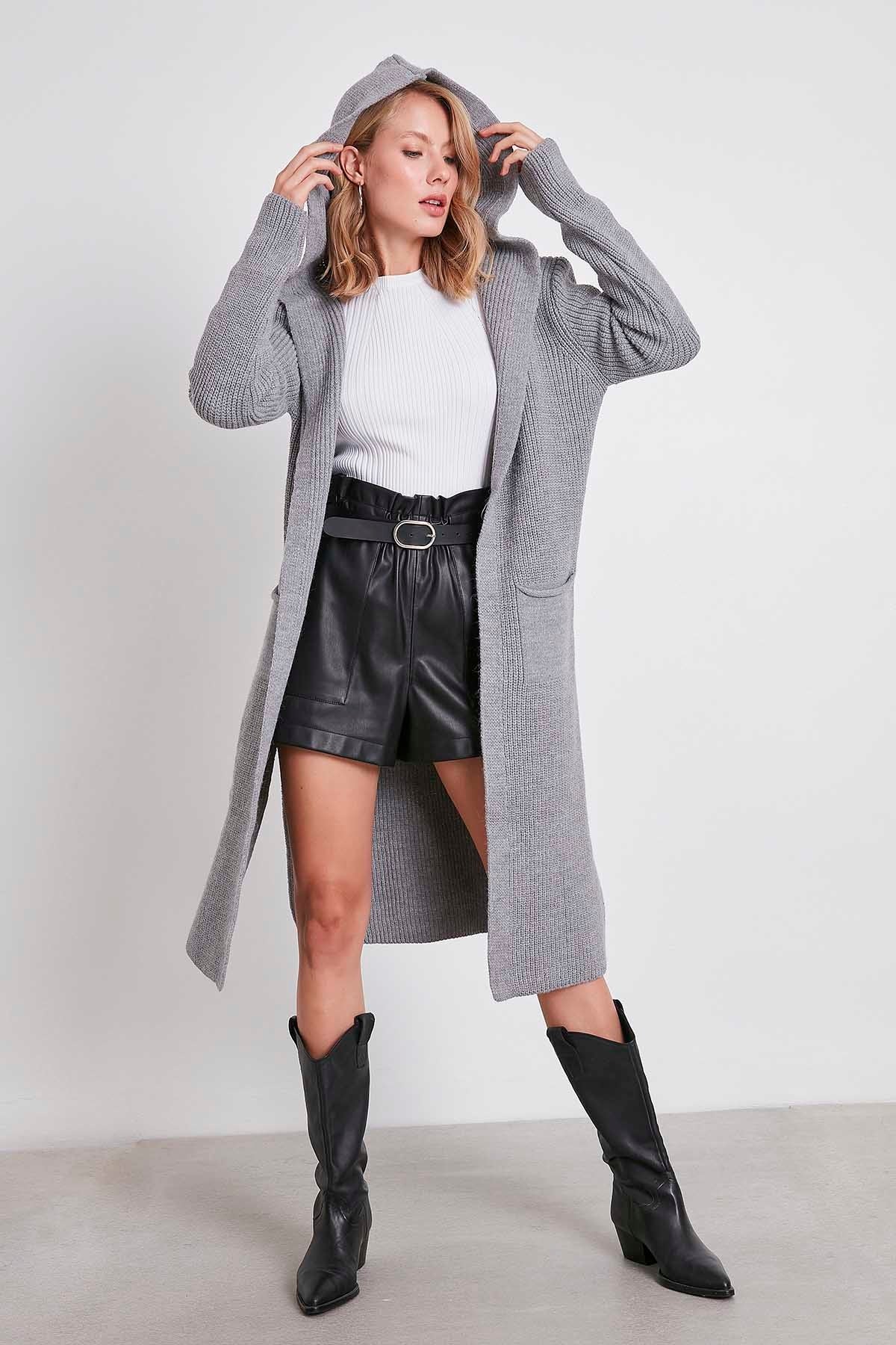 HOODED SIDES TALL KNITTED CARDIGAN WITH SPLIT