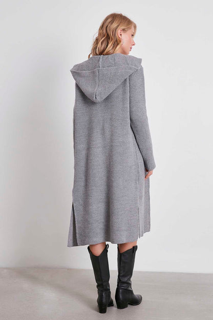 HOODED SIDES TALL KNITTED CARDIGAN WITH SPLIT