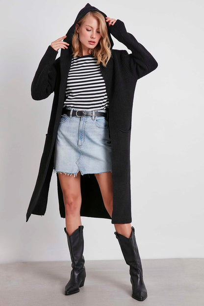HOODED SIDES TALL KNITTED CARDIGAN WITH SPLIT