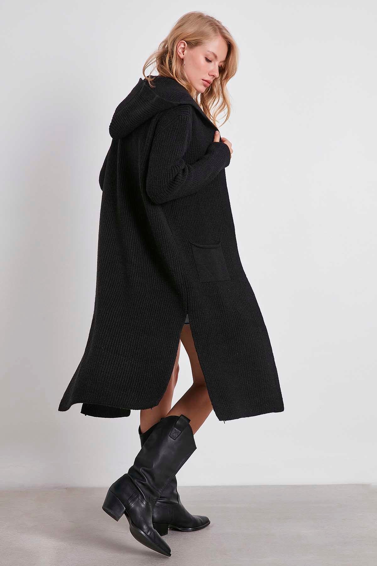 HOODED SIDES TALL KNITTED CARDIGAN WITH SPLIT