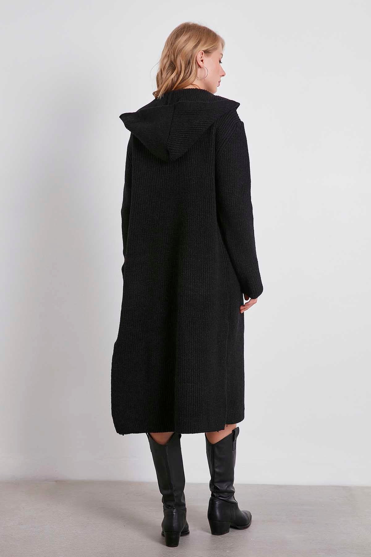 HOODED SIDES TALL KNITTED CARDIGAN WITH SPLIT
