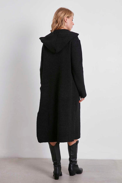 HOODED SIDES TALL KNITTED CARDIGAN WITH SPLIT
