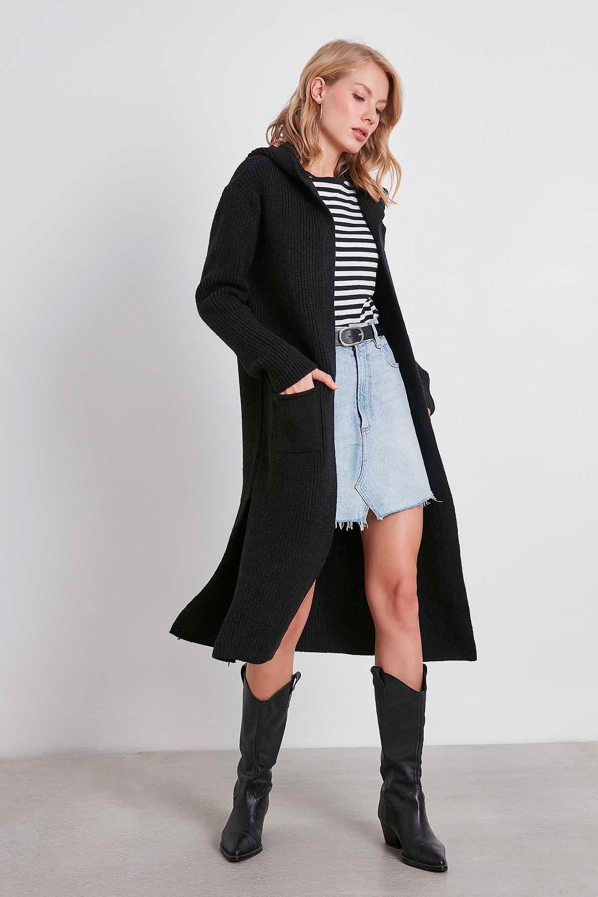HOODED SIDES TALL KNITTED CARDIGAN WITH SPLIT