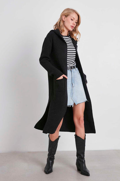 HOODED SIDES TALL KNITTED CARDIGAN WITH SPLIT