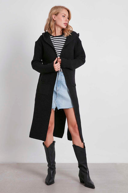 HOODED SIDES TALL KNITTED CARDIGAN WITH SPLIT