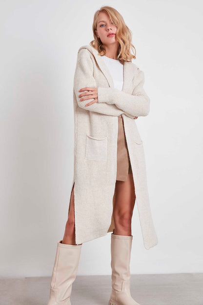 HOODED SIDES TALL KNITTED CARDIGAN WITH SPLIT