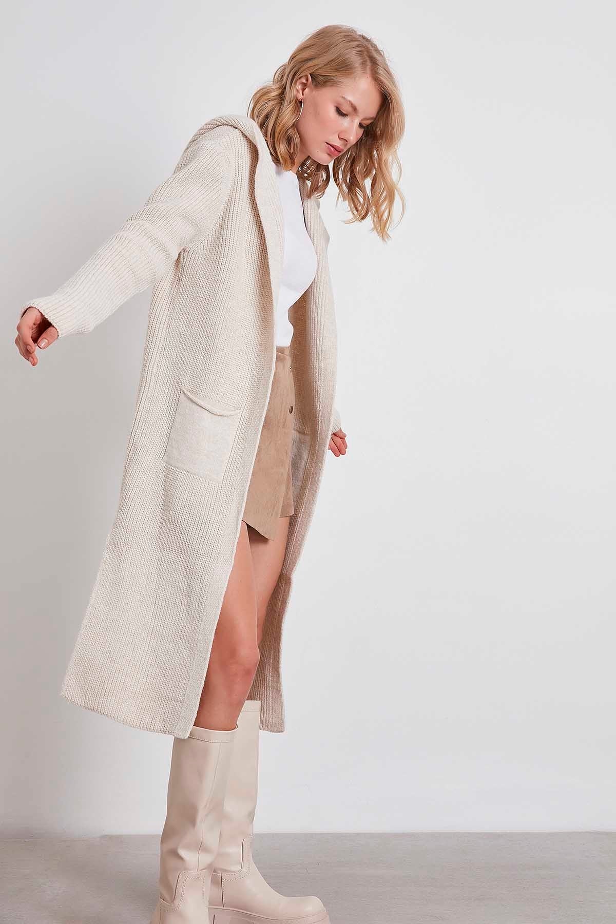 HOODED SIDES TALL KNITTED CARDIGAN WITH SPLIT