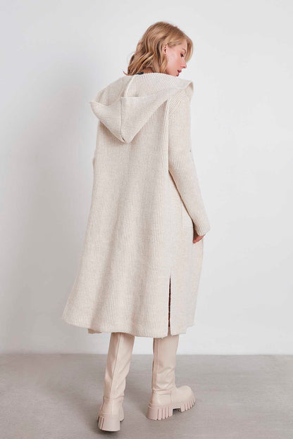 HOODED SIDES TALL KNITTED CARDIGAN WITH SPLIT