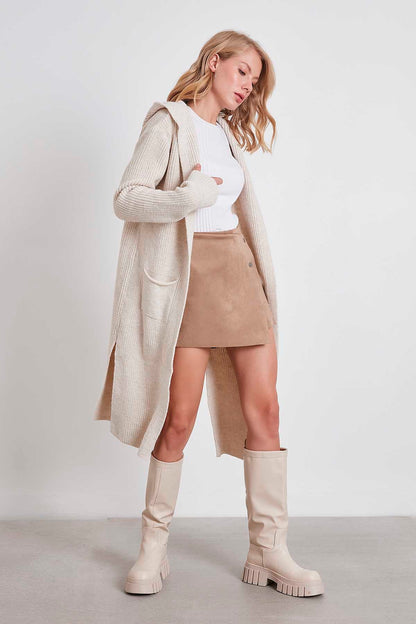 HOODED SIDES TALL KNITTED CARDIGAN WITH SPLIT