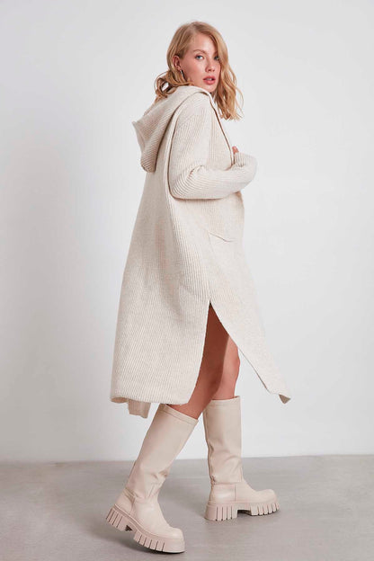 HOODED SIDES TALL KNITTED CARDIGAN WITH SPLIT