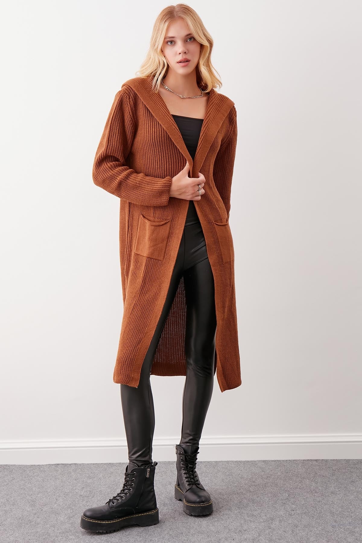 HOODED SIDES TALL KNITTED CARDIGAN WITH SPLIT
