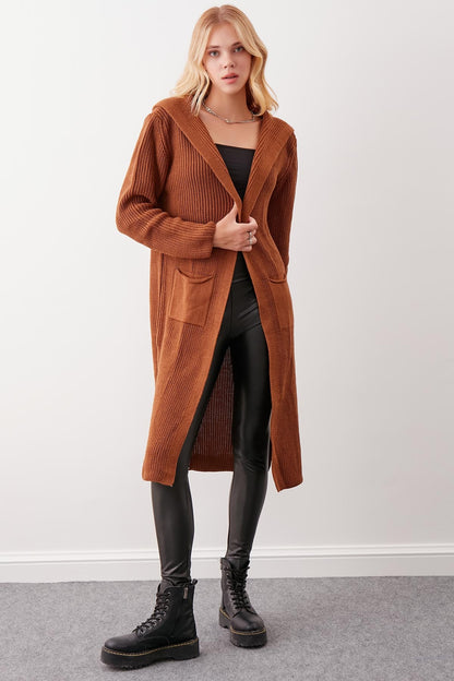 HOODED SIDES TALL KNITTED CARDIGAN WITH SPLIT