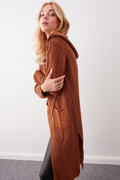 HOODED SIDES TALL KNITTED CARDIGAN WITH SPLIT