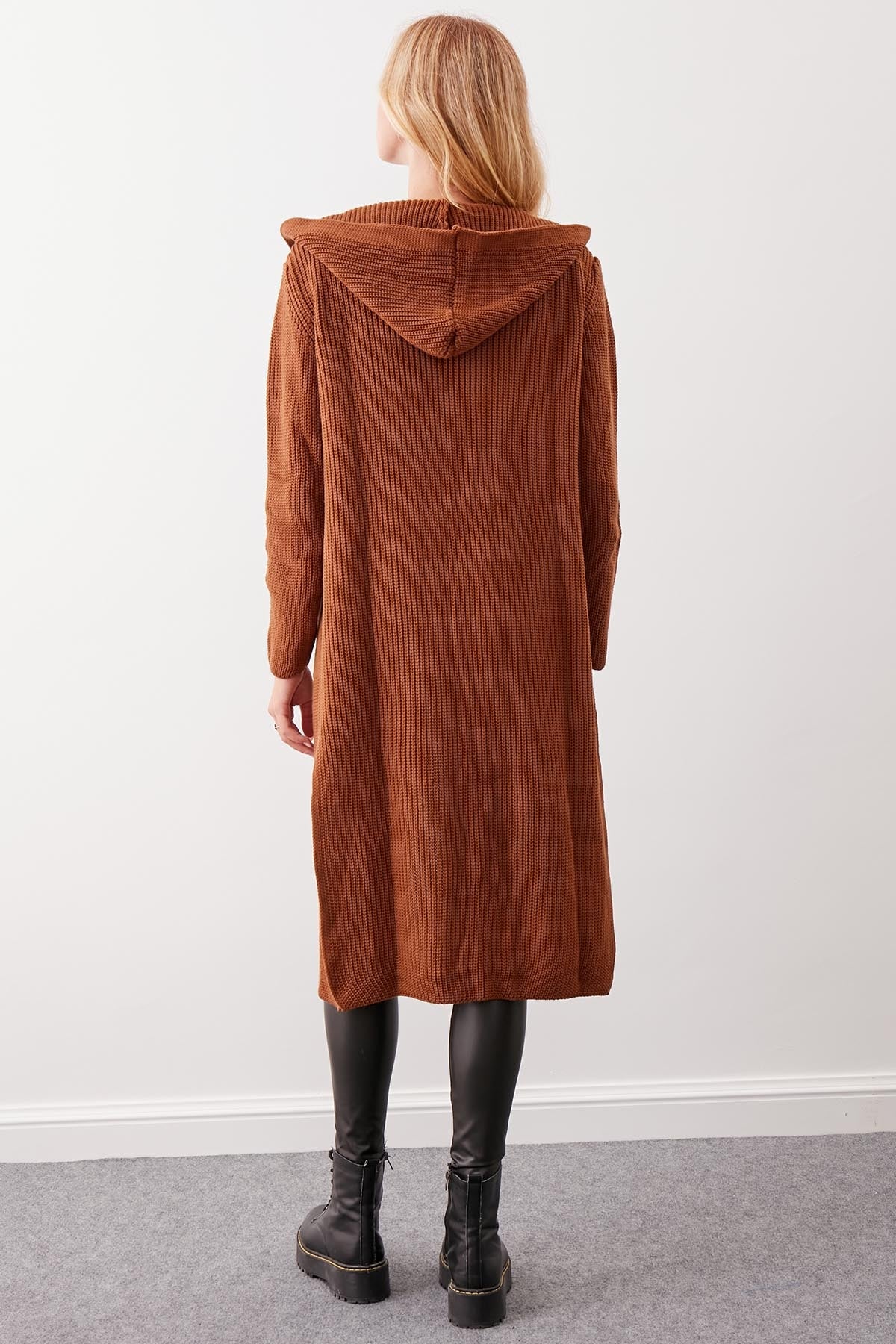 HOODED SIDES TALL KNITTED CARDIGAN WITH SPLIT