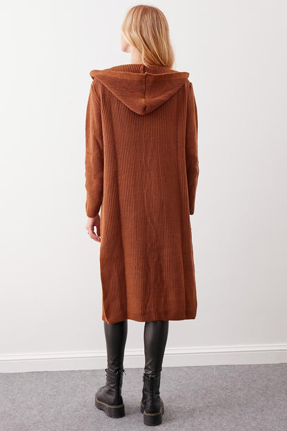 HOODED SIDES TALL KNITTED CARDIGAN WITH SPLIT