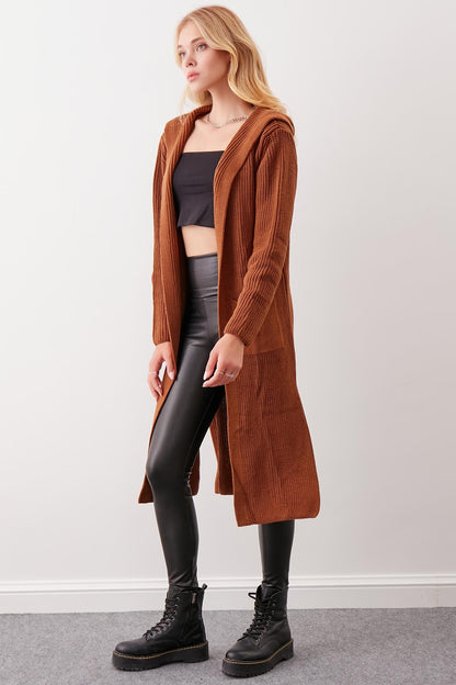 HOODED SIDES TALL KNITTED CARDIGAN WITH SPLIT