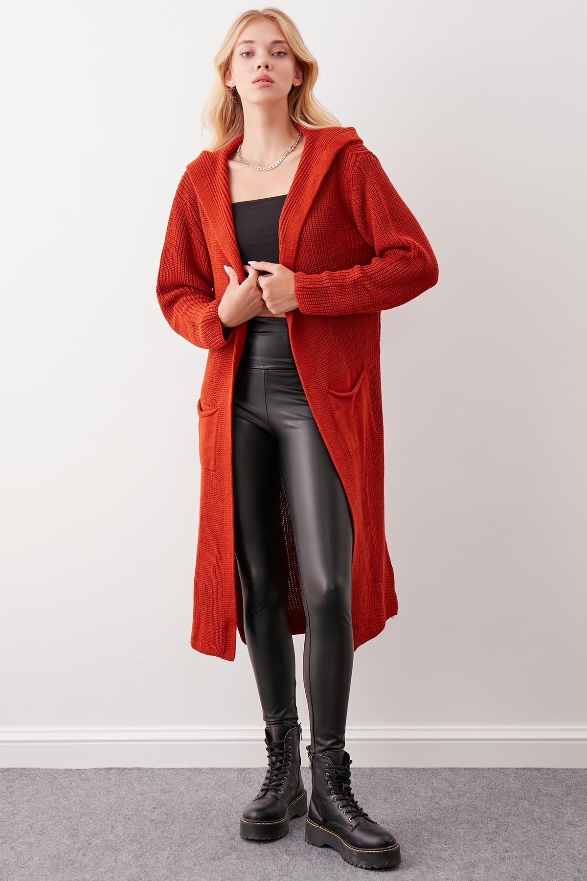 HOODED SIDES TALL KNITTED CARDIGAN WITH SPLIT