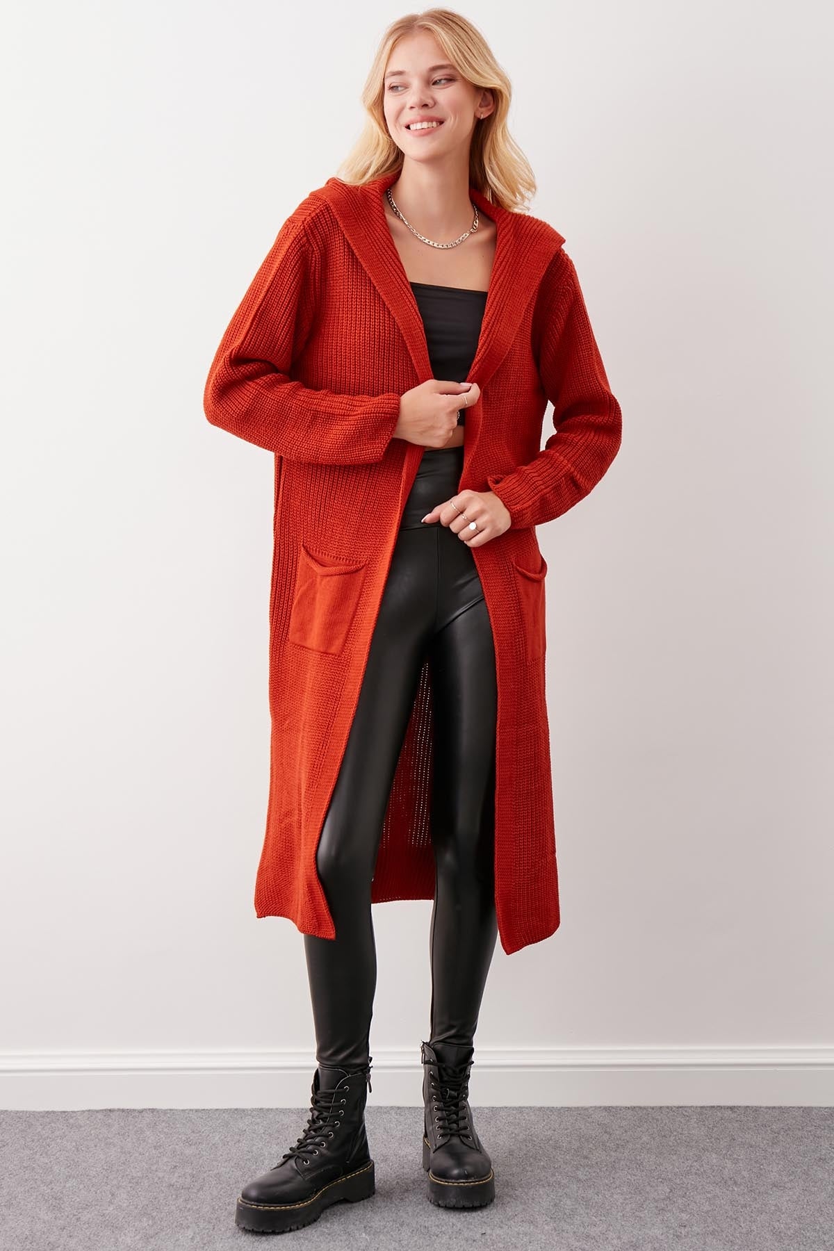 HOODED SIDES TALL KNITTED CARDIGAN WITH SPLIT