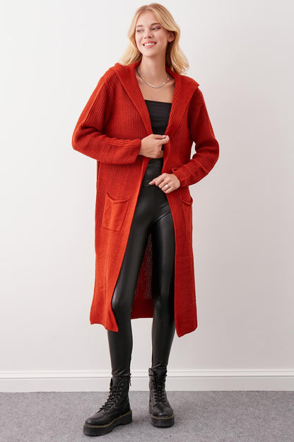 HOODED SIDES TALL KNITTED CARDIGAN WITH SPLIT