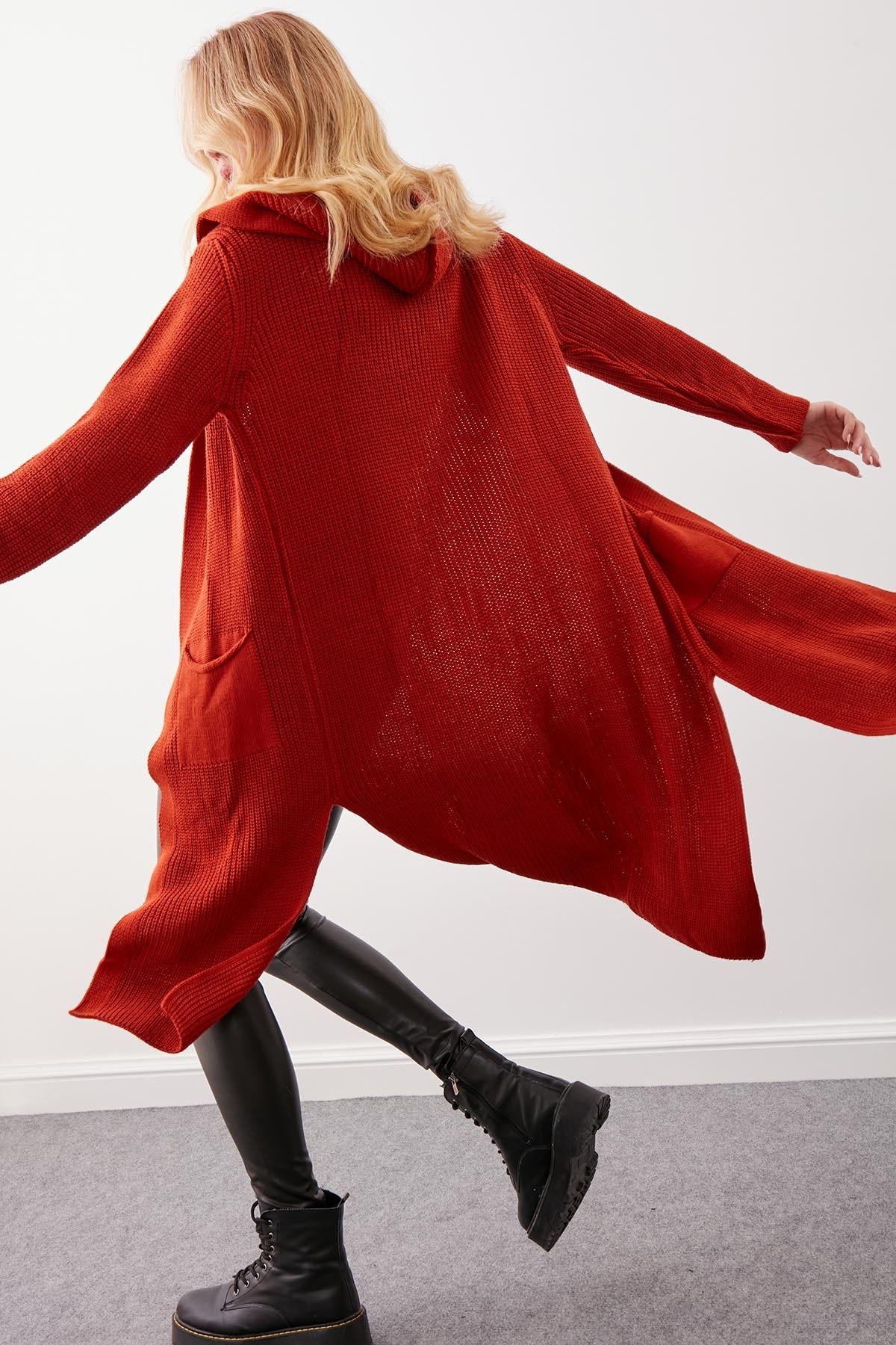 HOODED SIDES TALL KNITTED CARDIGAN WITH SPLIT