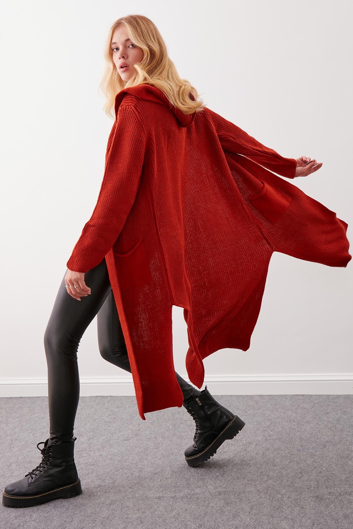 HOODED SIDES TALL KNITTED CARDIGAN WITH SPLIT