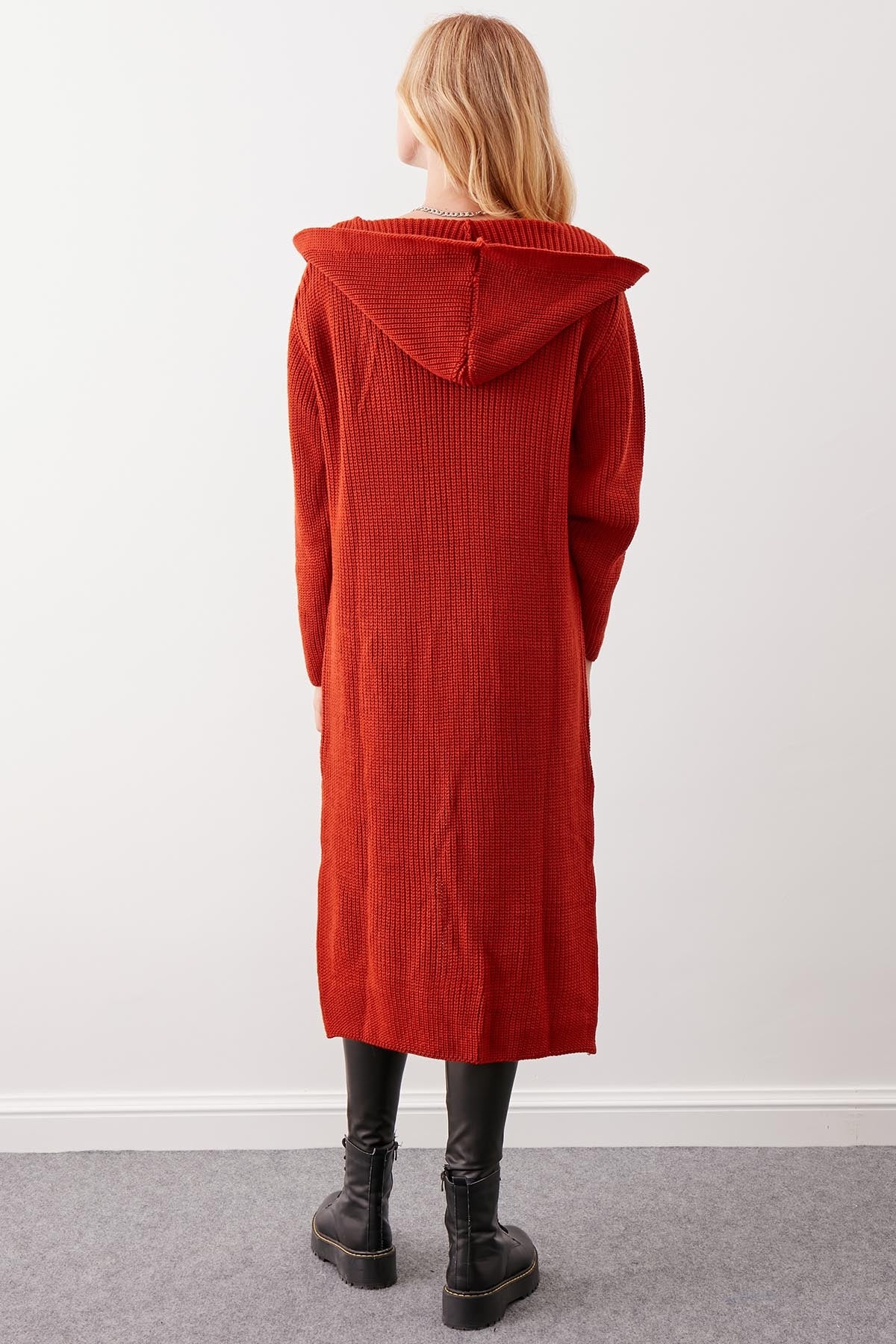 HOODED SIDES TALL KNITTED CARDIGAN WITH SPLIT