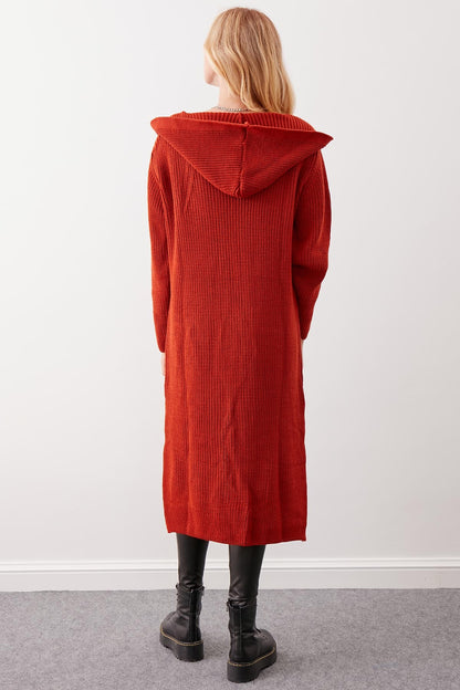 HOODED SIDES TALL KNITTED CARDIGAN WITH SPLIT