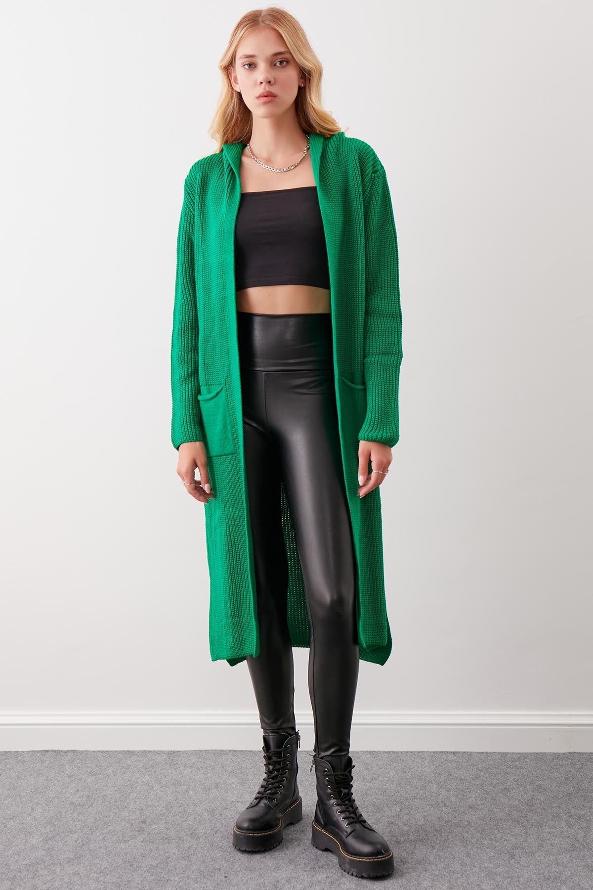 HOODED SIDES TALL KNITTED CARDIGAN WITH SPLIT