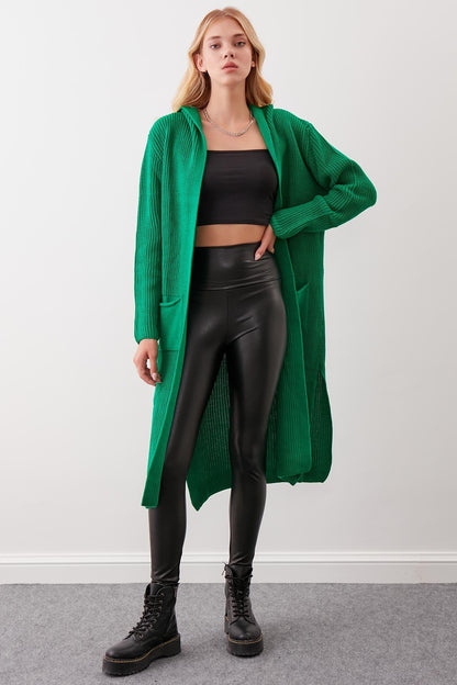 HOODED SIDES TALL KNITTED CARDIGAN WITH SPLIT