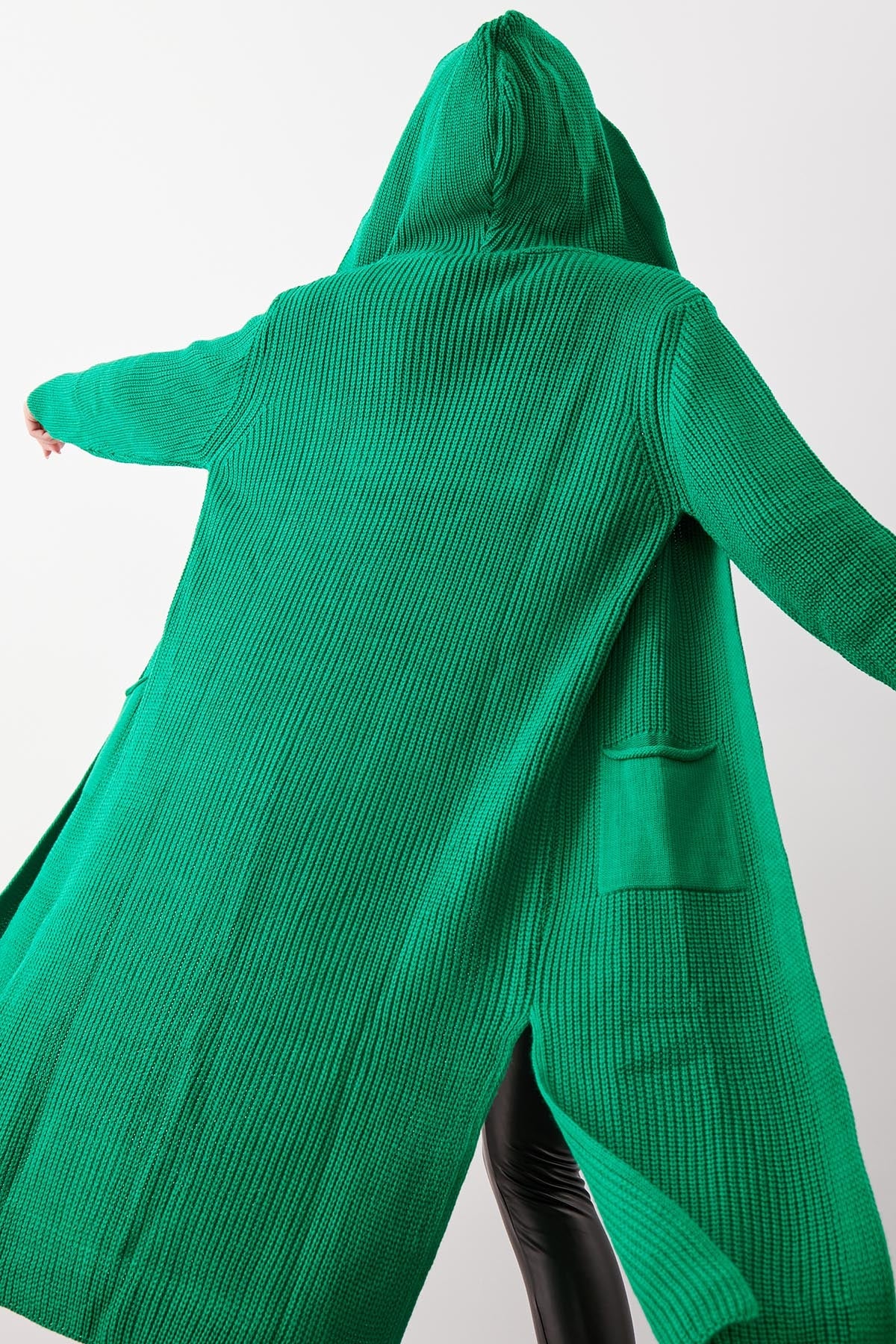 HOODED SIDES TALL KNITTED CARDIGAN WITH SPLIT