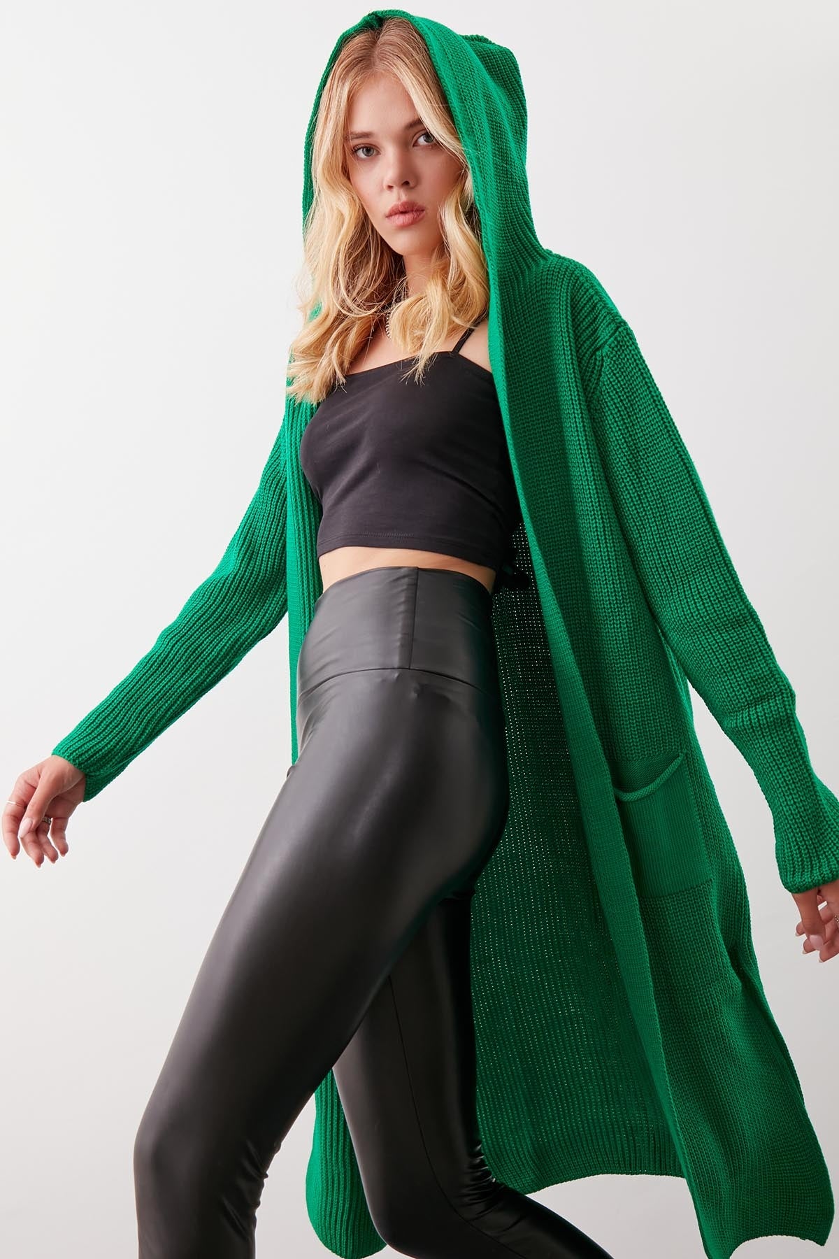 HOODED SIDES TALL KNITTED CARDIGAN WITH SPLIT