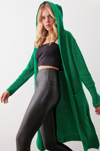 HOODED SIDES TALL KNITTED CARDIGAN WITH SPLIT
