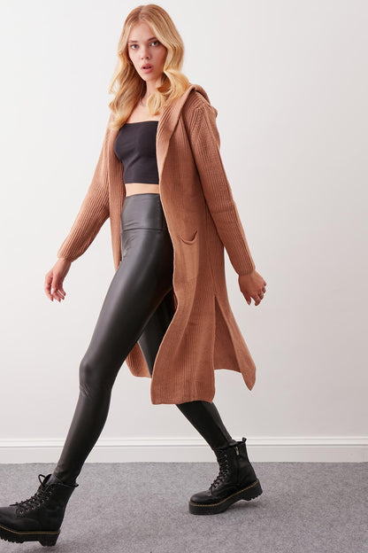 HOODED SIDES TALL KNITTED CARDIGAN WITH SPLIT