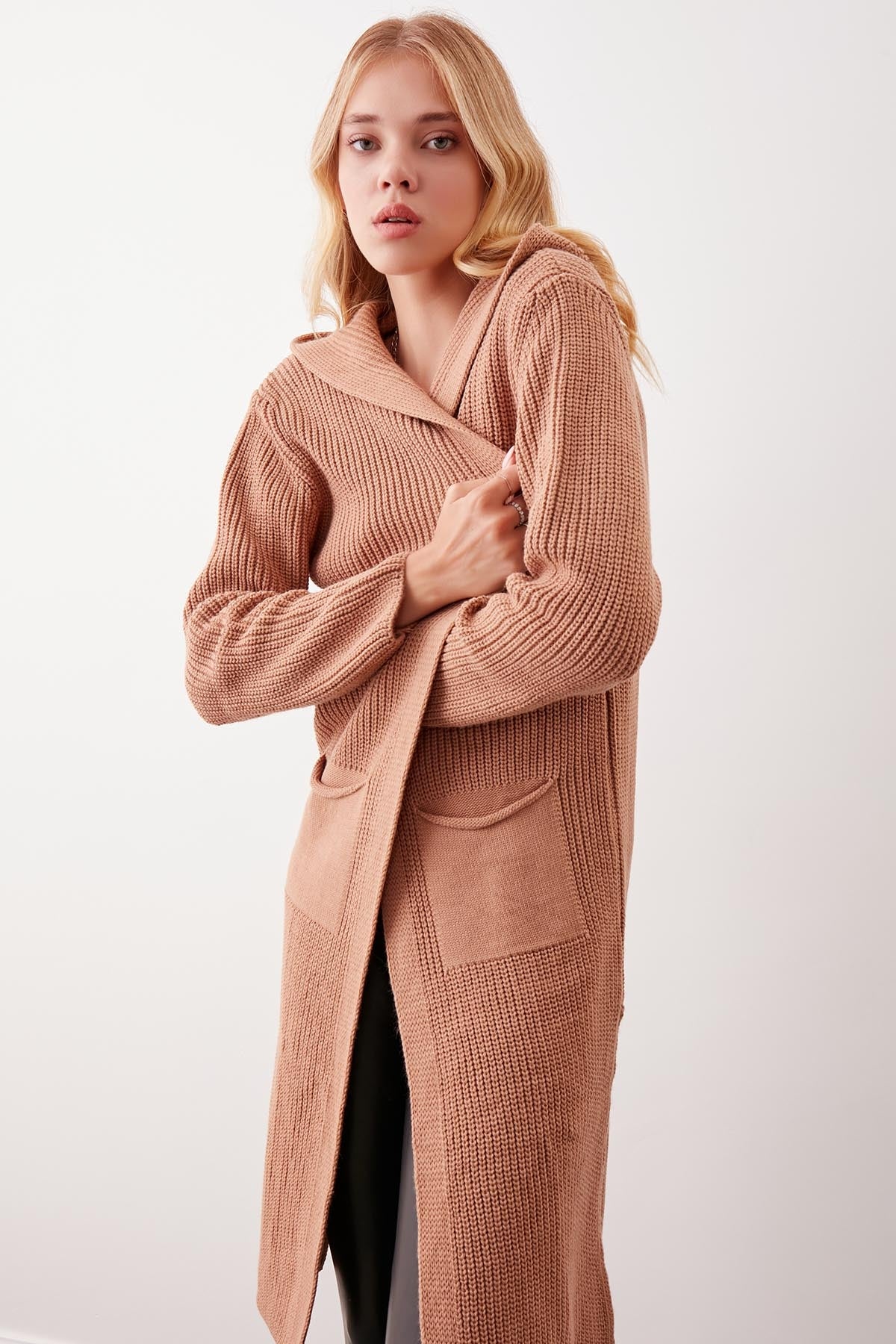 HOODED SIDES TALL KNITTED CARDIGAN WITH SPLIT