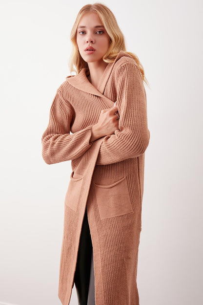 HOODED SIDES TALL KNITTED CARDIGAN WITH SPLIT