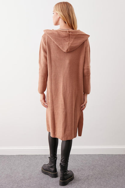 HOODED SIDES TALL KNITTED CARDIGAN WITH SPLIT