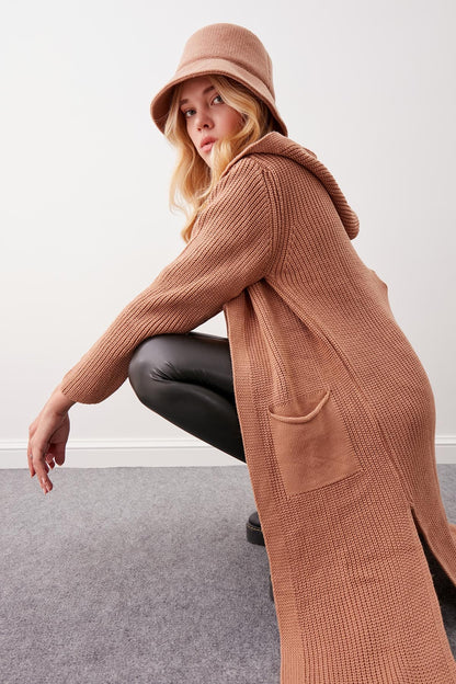 HOODED SIDES TALL KNITTED CARDIGAN WITH SPLIT