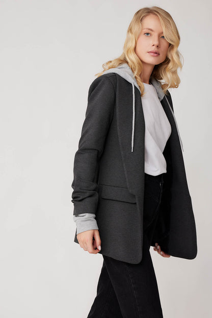 COLLAR DETAILED LONG JACKET WITH HOODIE