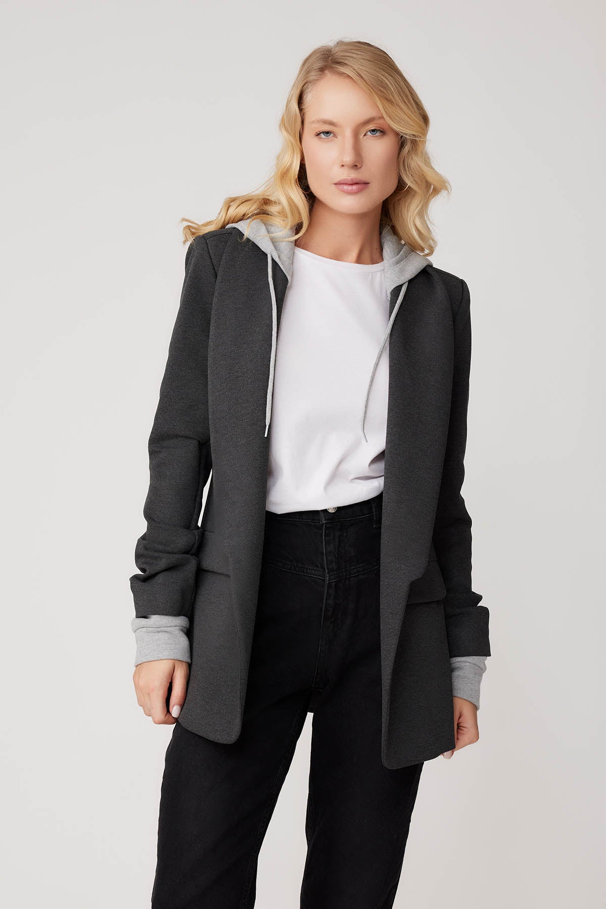 COLLAR DETAILED LONG JACKET WITH HOODIE