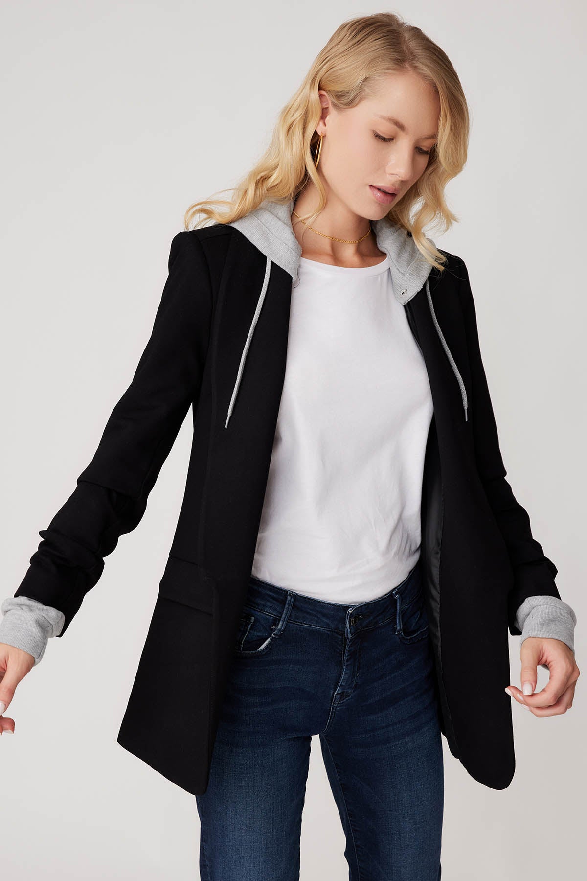 COLLAR DETAILED LONG JACKET WITH HOODIE