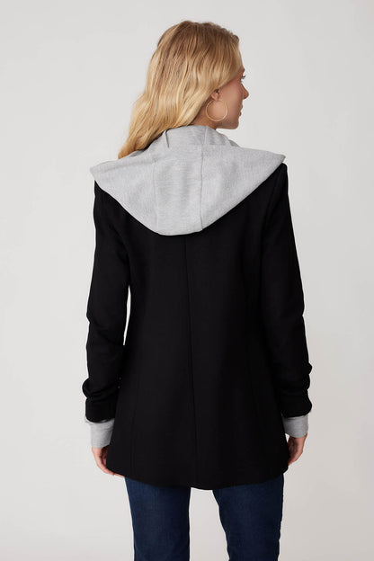 COLLAR DETAILED LONG JACKET WITH HOODIE