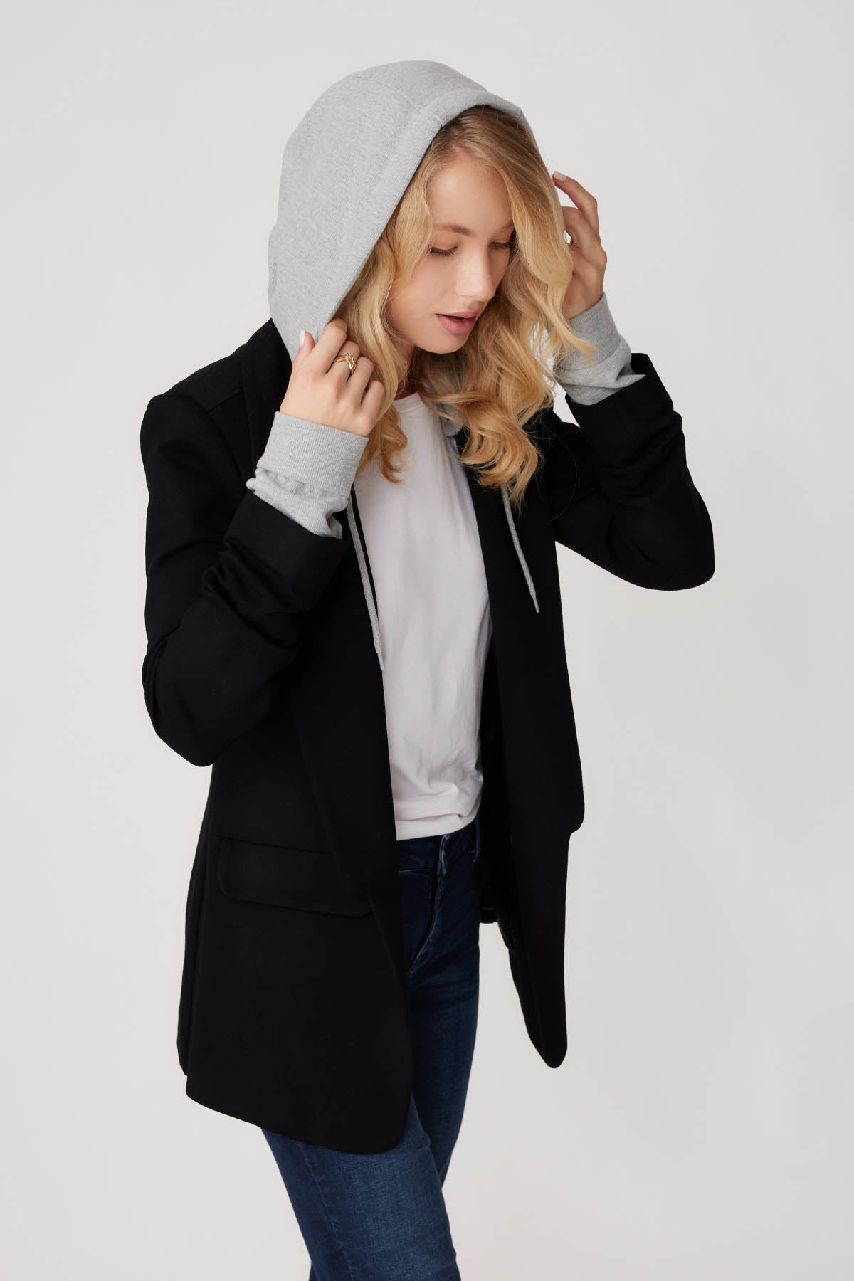 COLLAR DETAILED LONG JACKET WITH HOODIE