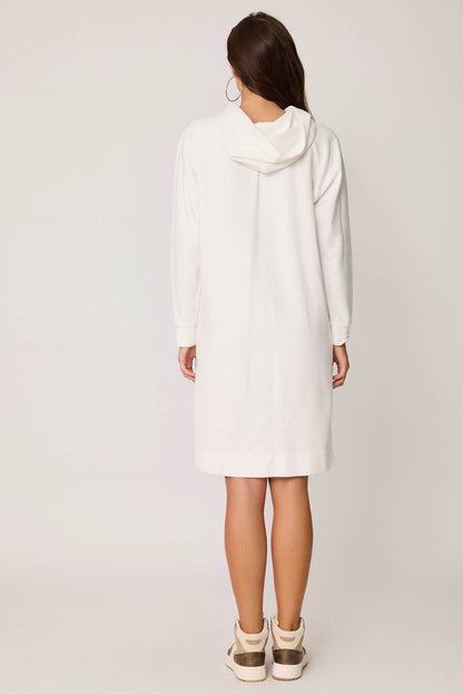 KNITTED DRESS WITH HOODED FRONT POCKET