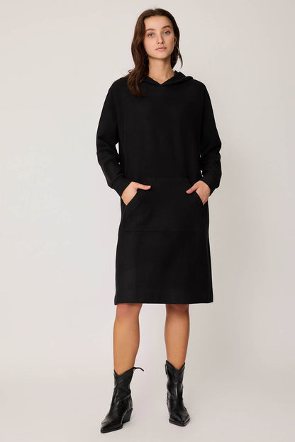 KNITTED DRESS WITH HOODED FRONT POCKET