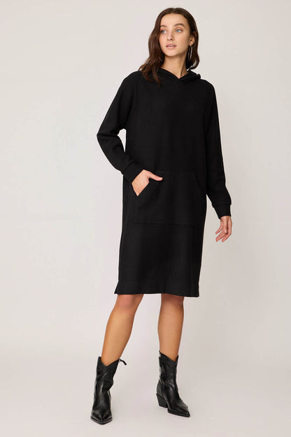 KNITTED DRESS WITH HOODED FRONT POCKET