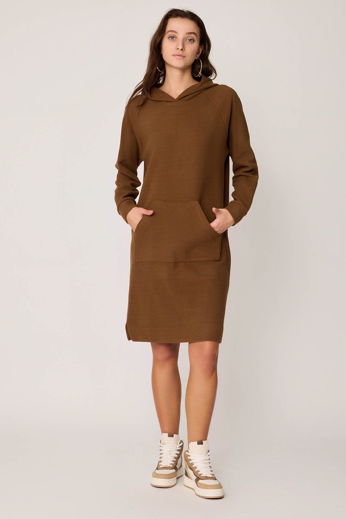 KNITTED DRESS WITH HOODED FRONT POCKET
